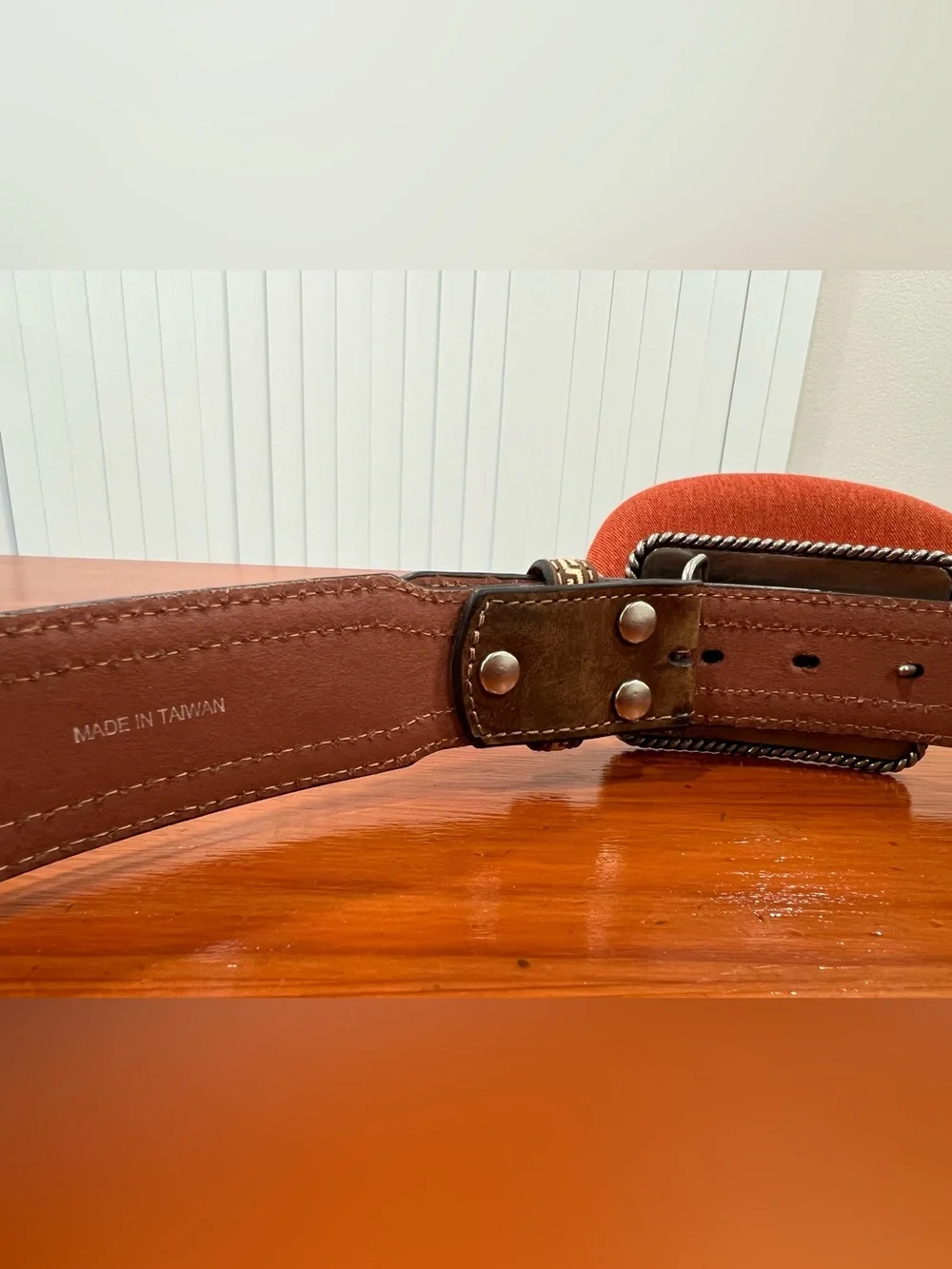 New Nocona Brown Leather Belt with Cream Embroidered Scroll Buckle